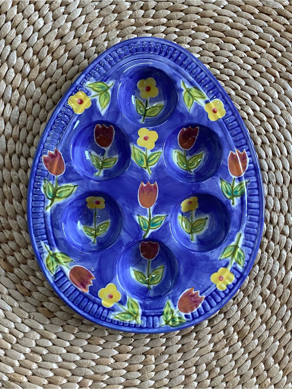 Hausenware Handpainted Ceramic Egg Shaped  Egg Tray Cobalt Blue Tulips Easter